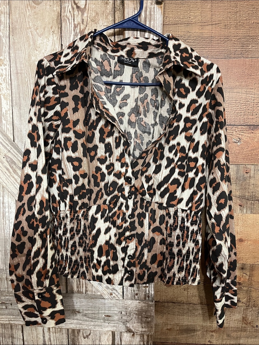 Leopard Print Button-Front Smocked Waist Shirt - Brown/Black/Cream